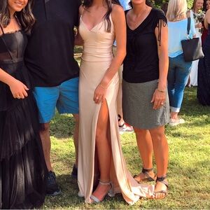La Femme Gold Slit Gown Spaghetti Strap Prom